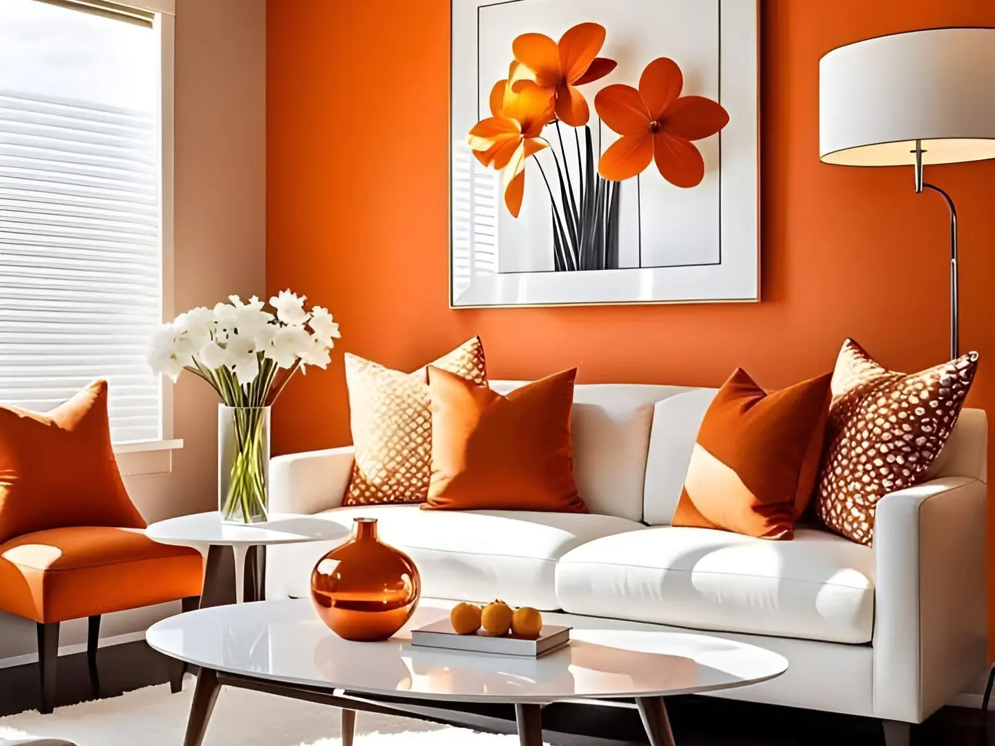 Living room with vibrant orange walls, a white sofa, a large floral artwork, and coordinating orange accents. Warm Orange Home Decor