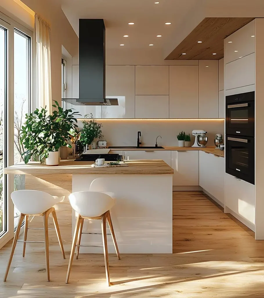 Modern white kitchen with light wood island and flooring, large windows, and minimalist design.