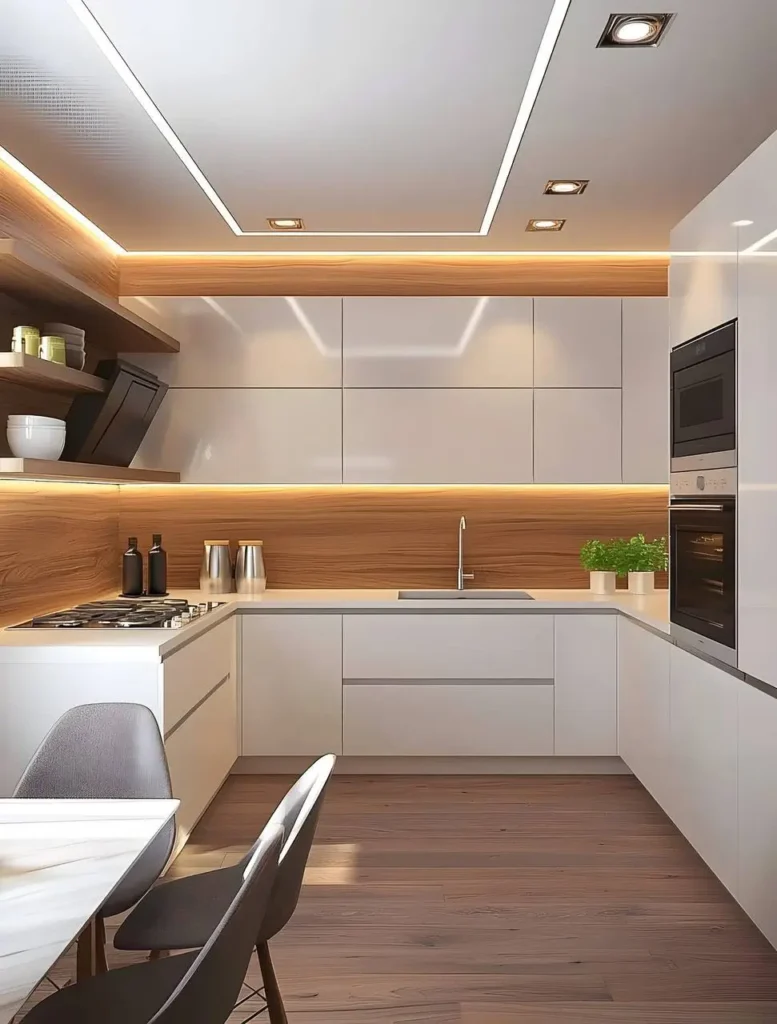 Modern white kitchen with recessed lighting, wood backsplash, floating shelf, and handleless cabinets.