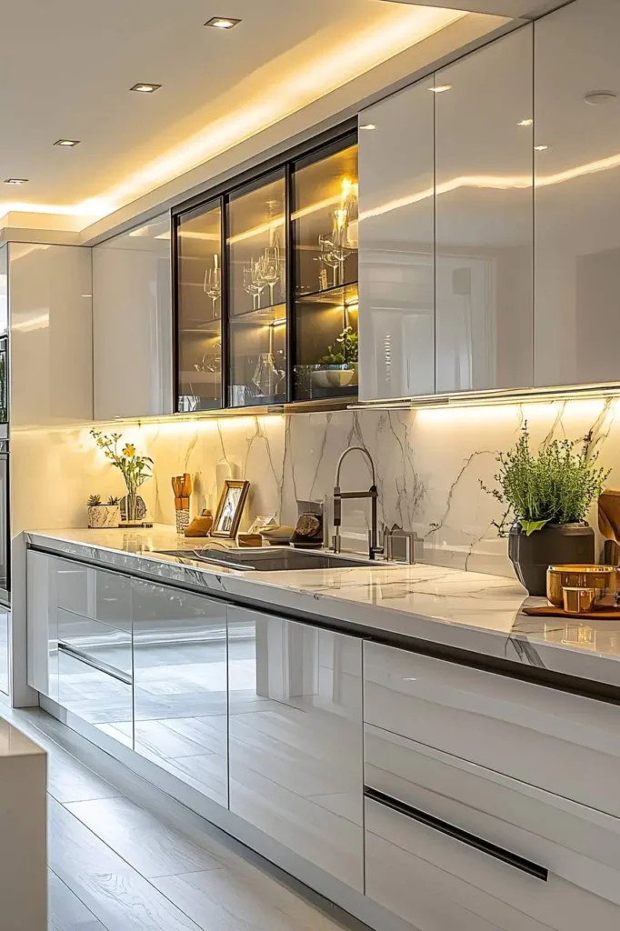 White kitchen with marble backsplash and countertop, glossy cabinets, and under-cabinet lighting.