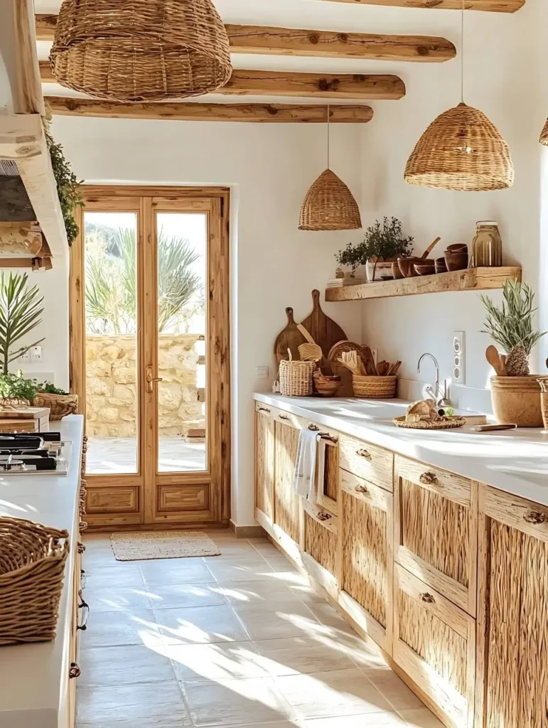 Rustic kitchen with textured wood cabinets, ceiling beams, woven pendant lights, and open shelving.