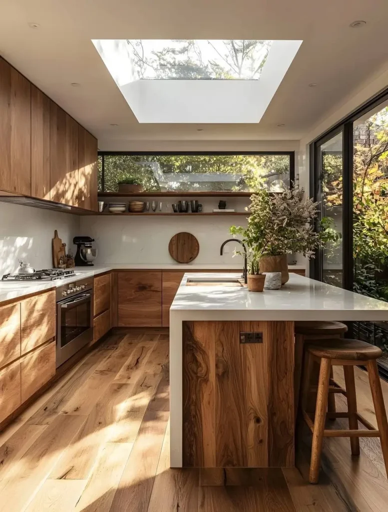 Kitchen with medium-toned wood cabinets, white waterfall countertop, large skylight, and wood flooring.