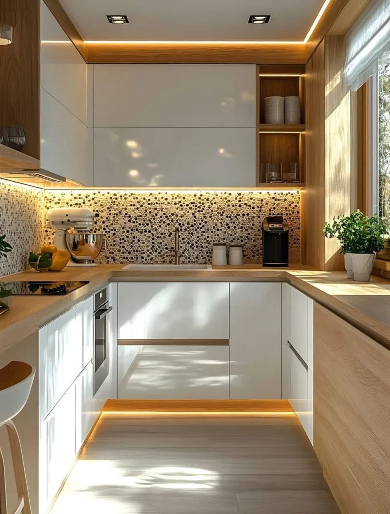 White kitchen with light wood countertops, patterned backsplash, and under-cabinet lighting.