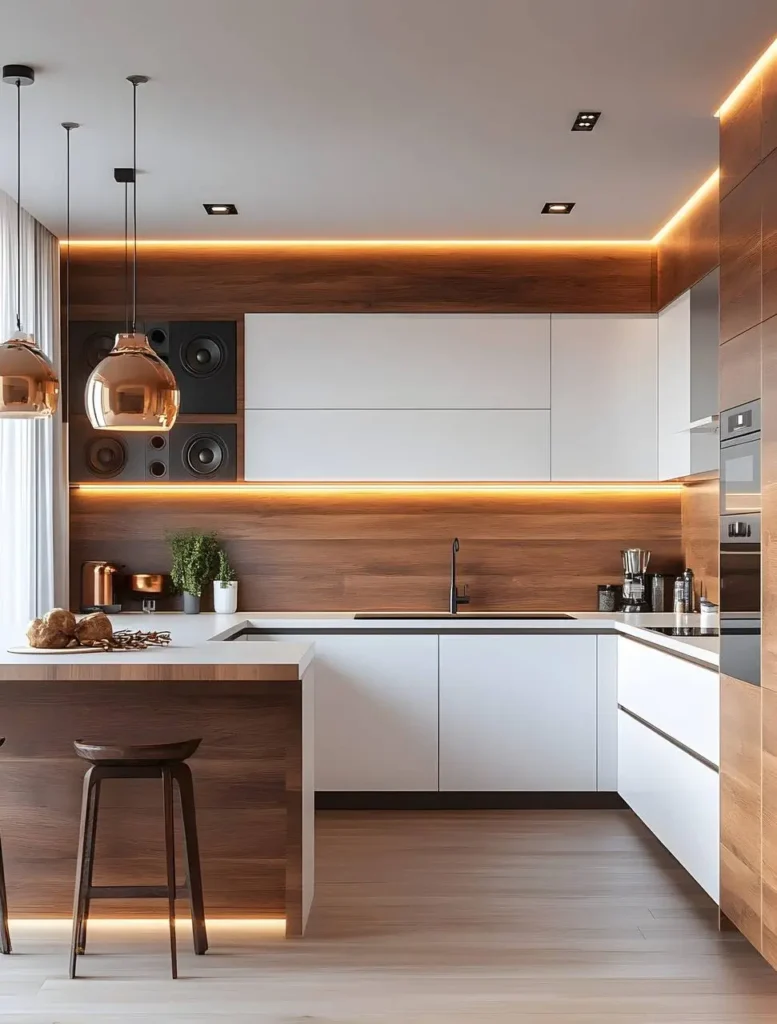 White kitchen with wood island countertop, copper pendant lights, and wood backsplash accent.