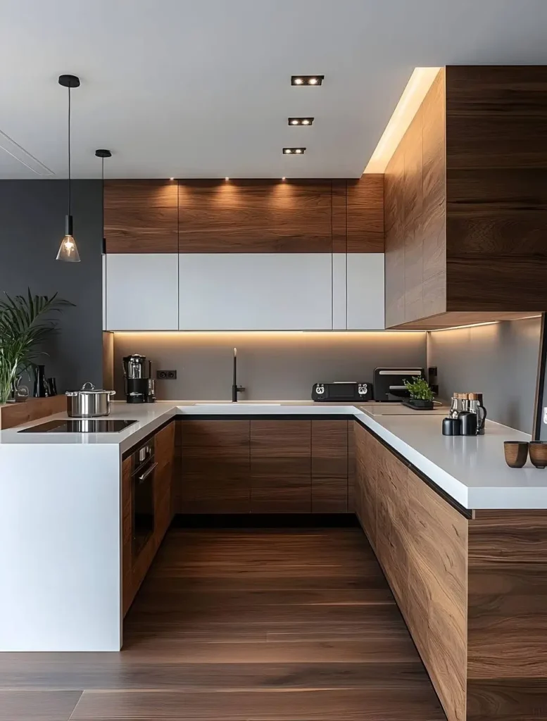 Kitchen with dark wood lower cabinets, light wood upper cabinets, white countertop, and recessed lighting.