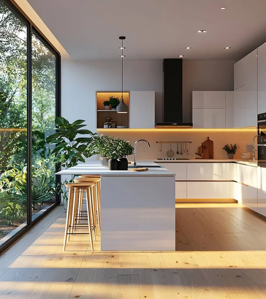 White kitchen island with light wood flooring, large windows, and greenery views.