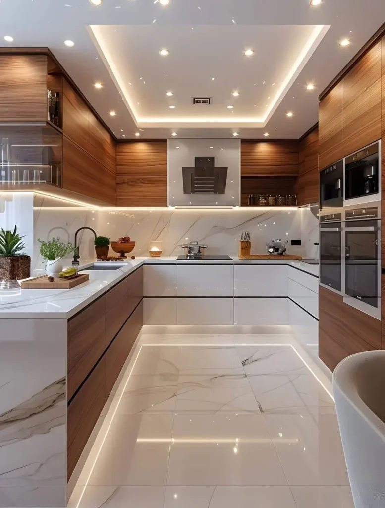 Kitchen with vertical grain wood cabinets, white marble-look floor and backsplash, and integrated lighting.