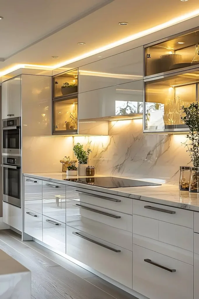 High-gloss white kitchen with light wood flooring, marble backsplash, and recessed lighting.