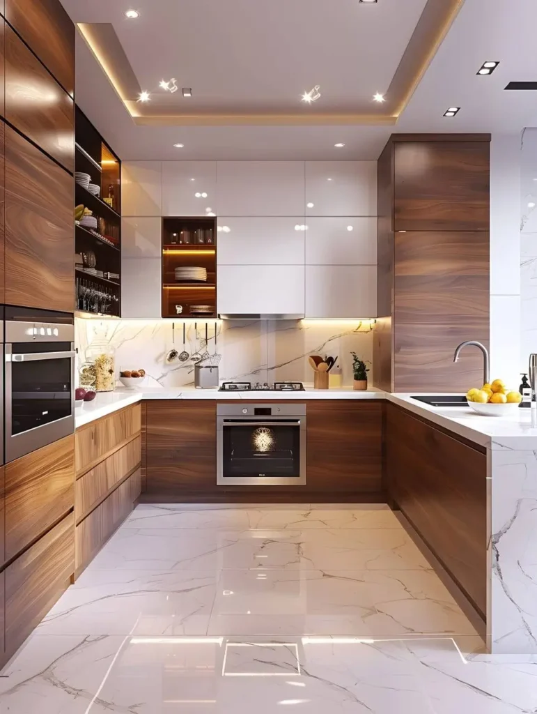 U-shaped kitchen with vertical grain wood cabinets, white marble-look floor and backsplash, defining work zones.