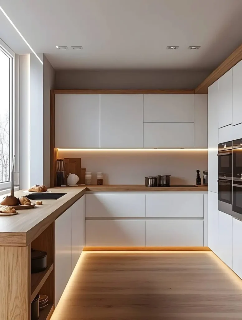 Minimalist white kitchen with light wood countertop and flooring, integrated lighting, and handleless cabinets.