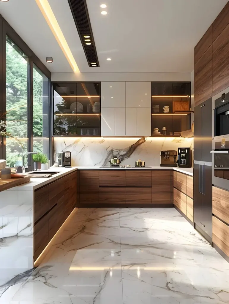 Tall wood cabinets in a kitchen with a large window, highlighting vertical lines and natural light.