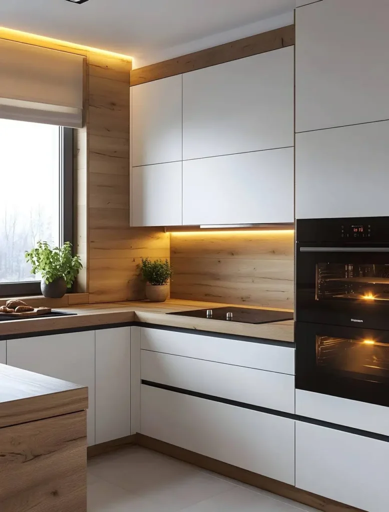 White kitchen with horizontal light wood backsplash, matte cabinets, and under-cabinet lighting.