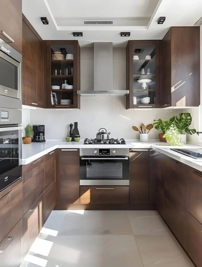 Kitchen with dark wood cabinets, white countertop and backsplash, and stainless steel appliances.