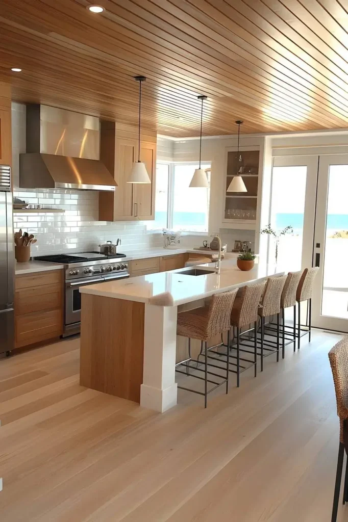 Coastal-style kitchen with light wood ceiling and flooring, white island, and woven bar stools.