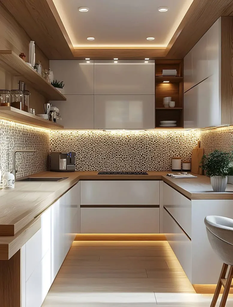 Kitchen with layered lighting, highlighting a patterned backsplash, white cabinets, and wood countertops.