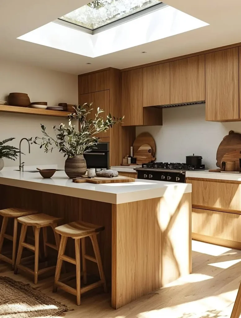 Light wood kitchen with vertical grain cabinets, open shelving, white countertop, and skylight.