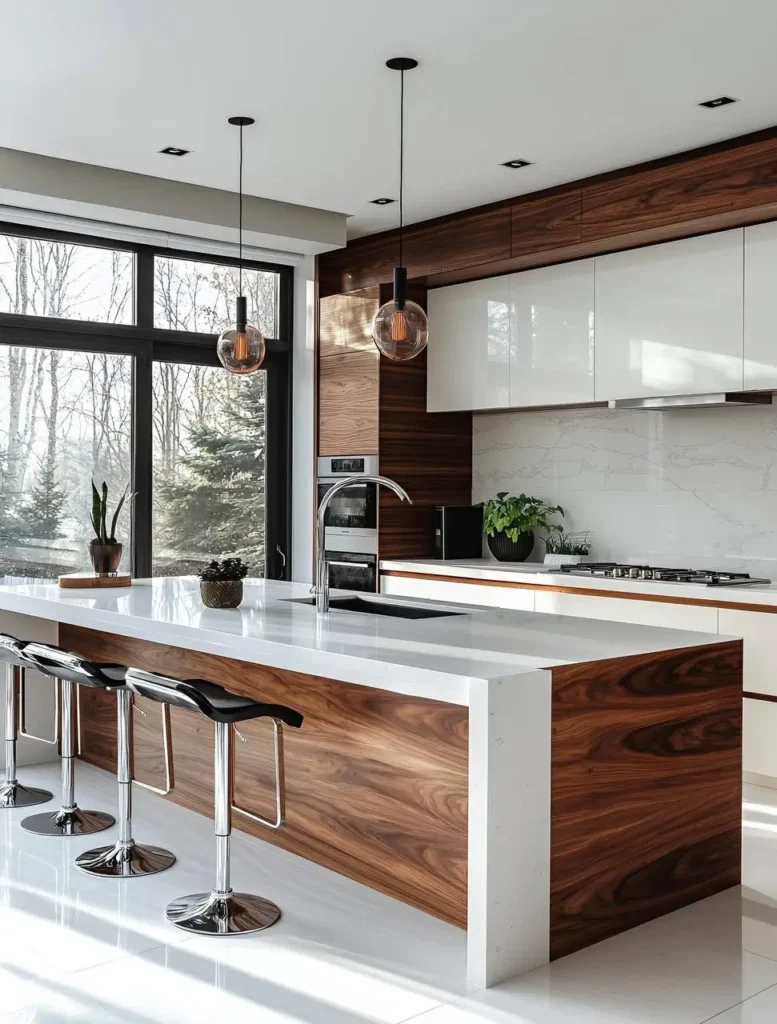 Kitchen with dark wood waterfall island (possibly Corian), white countertop, and large windows.