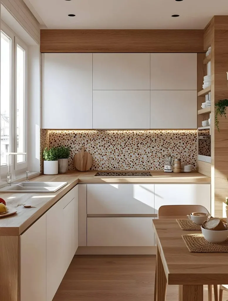 Kitchen with a warm color palette, featuring white cabinets, light wood countertops, and a patterned backsplash.