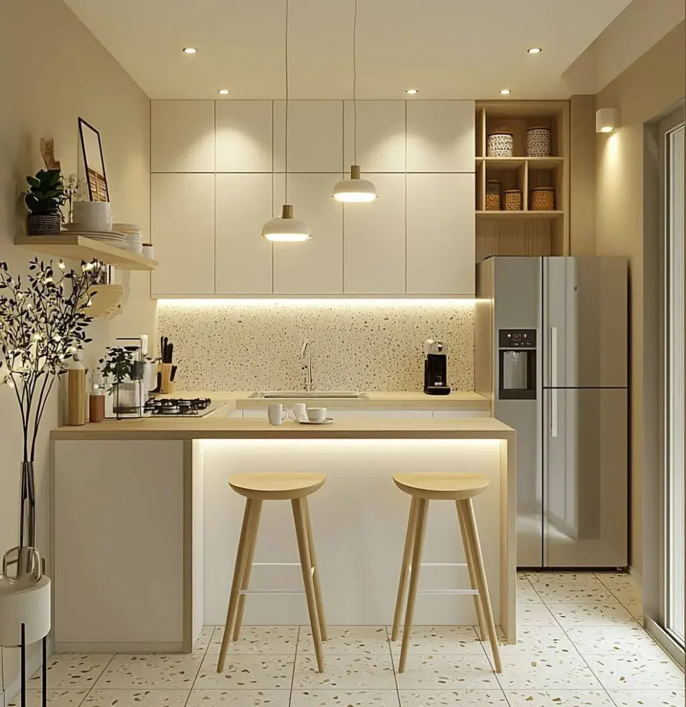 Small kitchen with a light wood island, white cabinets, terrazzo-style backsplash, and pendant lights.