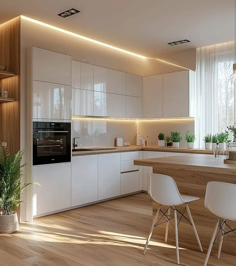 Modern kitchen with a long wood countertop extending into a dining area, white cabinets, and light wood flooring.