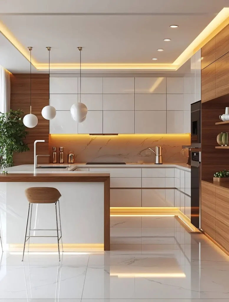 Kitchen with white globe pendant lights, white and wood cabinets, and a marble-look backsplash.