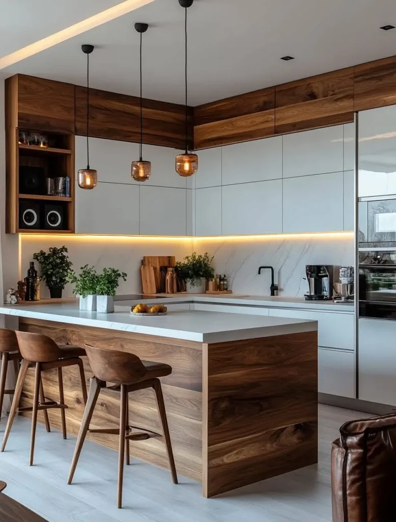 Kitchen with a linear layout, wood island, white upper cabinets, marble-look backsplash, and amber pendant lights.