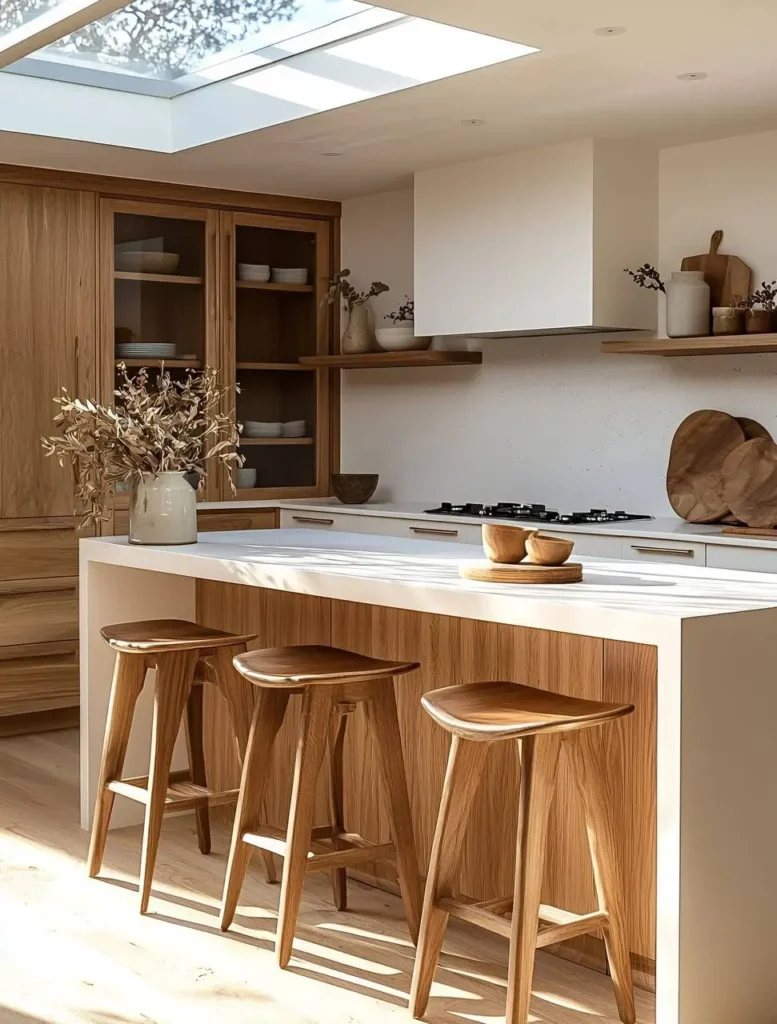 Minimalist kitchen with light wood cabinets and island, white countertop, integrated cooktop, and subtle hardware. White and Wood Kitchen