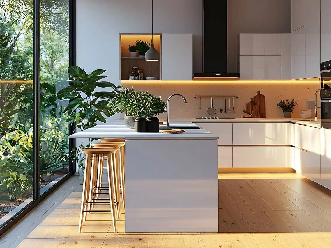 White kitchen with light wood flooring, large windows, and several indoor plants, creating an indoor-outdoor connection. White and Wood Kitchen