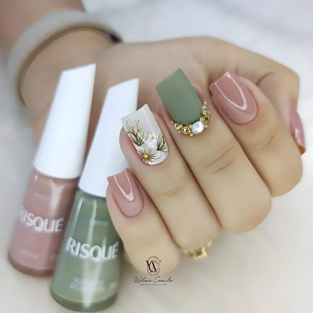 Elegant sage green and dusty rose nails with floral and rhinestone accents - elegant nail designs