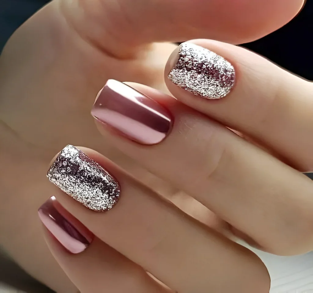 Chic rose gold chrome nails with silver glitter accents.