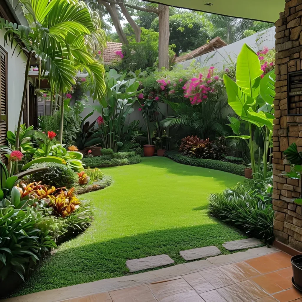 Garden decor idea with layered landscaping, green grass, and colorful plants.