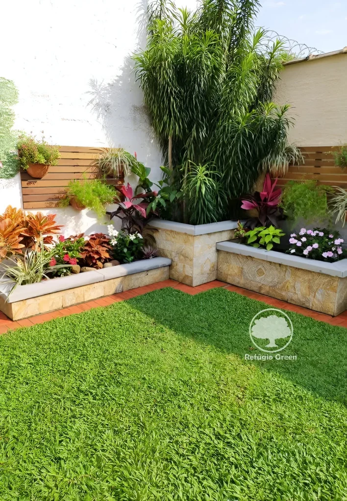 Garden decor with raised stone garden beds and wall-mounted planters.