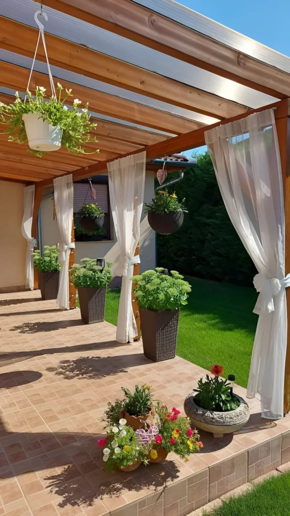 Patio garden decor with flowing curtains, hanging planters, and coordinated ground planters.