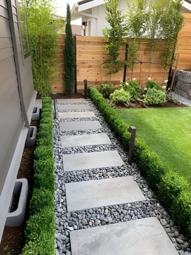 Garden decor with a pathway lined with boxwood shrubs, grey stepping stones, and landscape lighting - amazing garden decor ideas