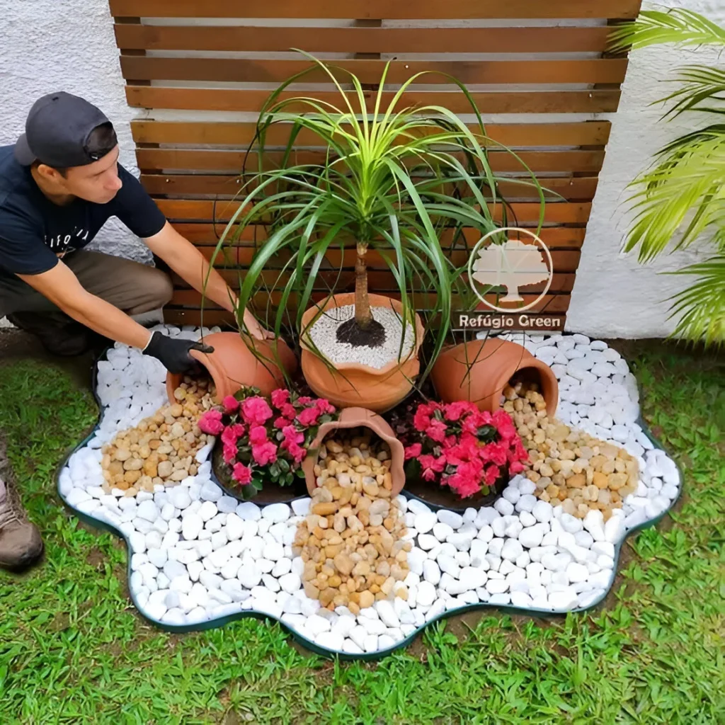 Garden decor with creative pebble arrangement and spilled flower pots.