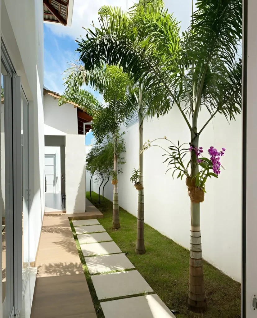 Vertical garden decor with planters attached to palm trees along a pathway.