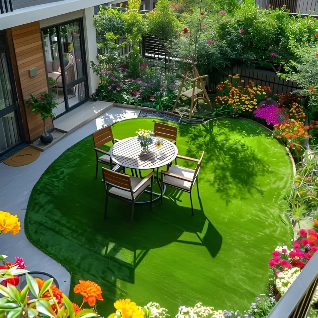 Garden decor defining a seating area with lush, green ground cover.