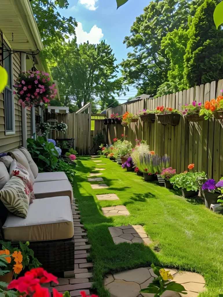 Cozy backyard garden decor with comfortable seating, a stone pathway, and flowering plants.