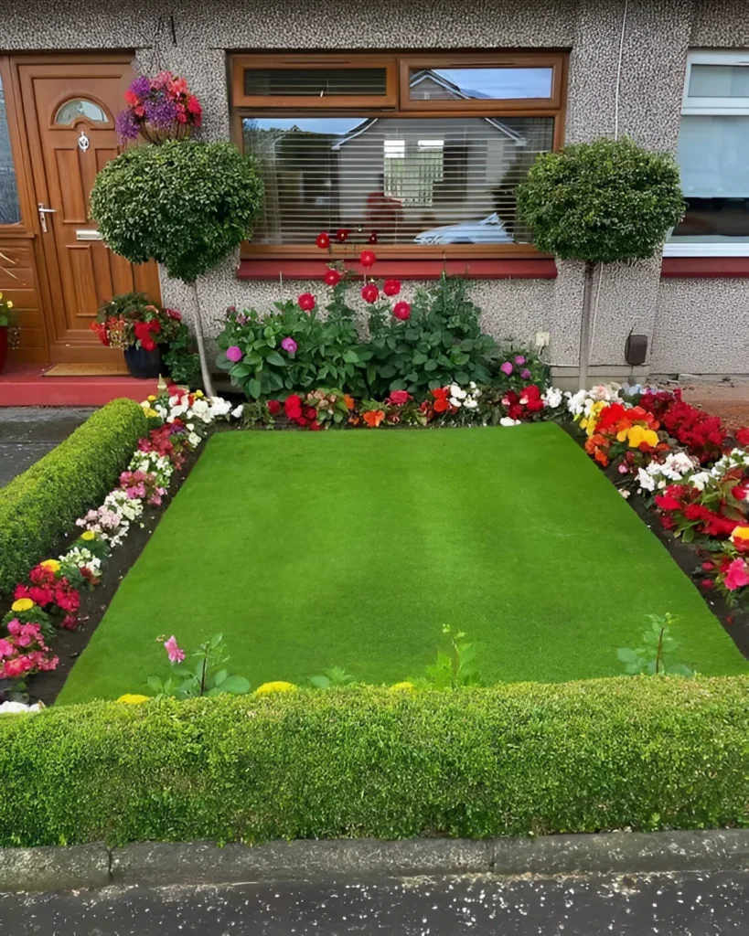 Formal garden decor with symmetrical planting, trimmed hedges, and topiary trees.