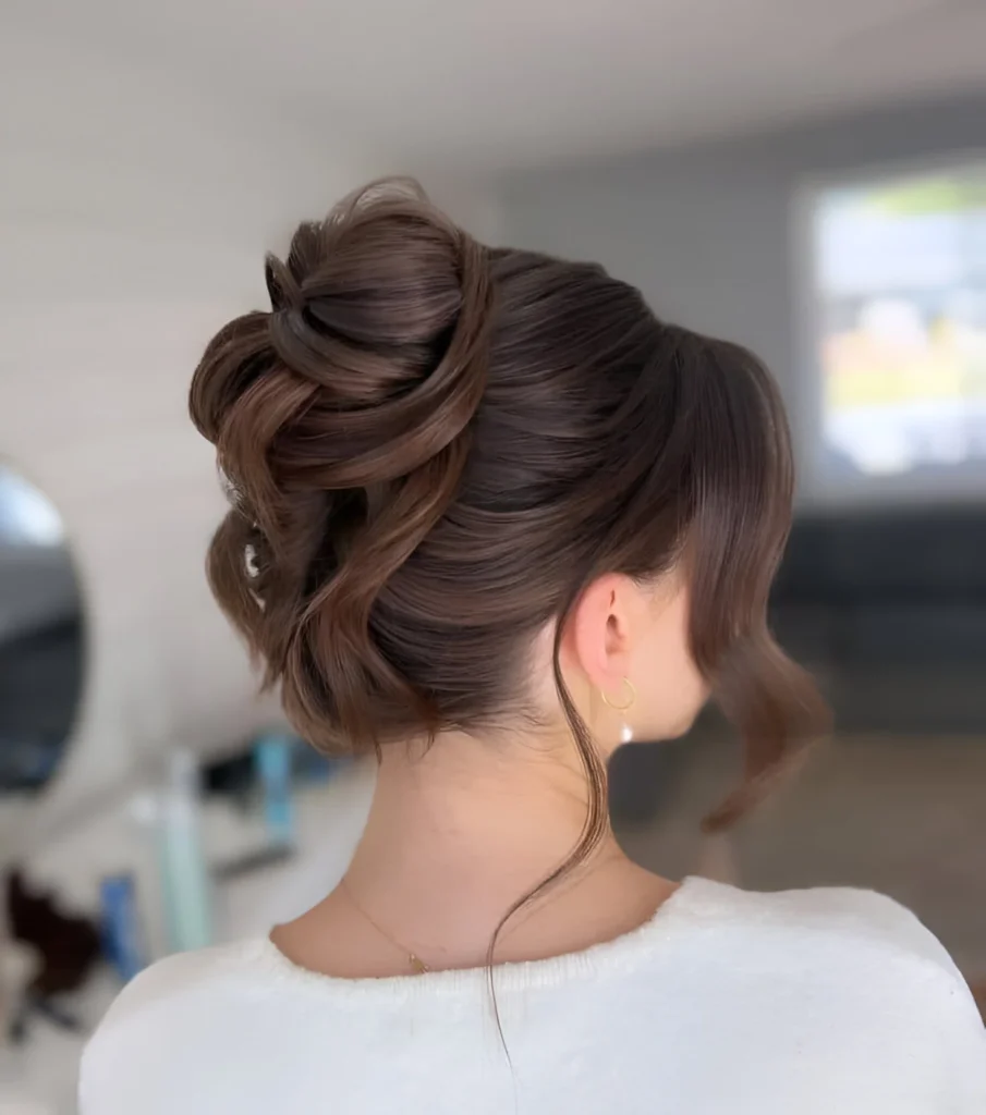 Upcycled Christmas hairstyle textured high bun