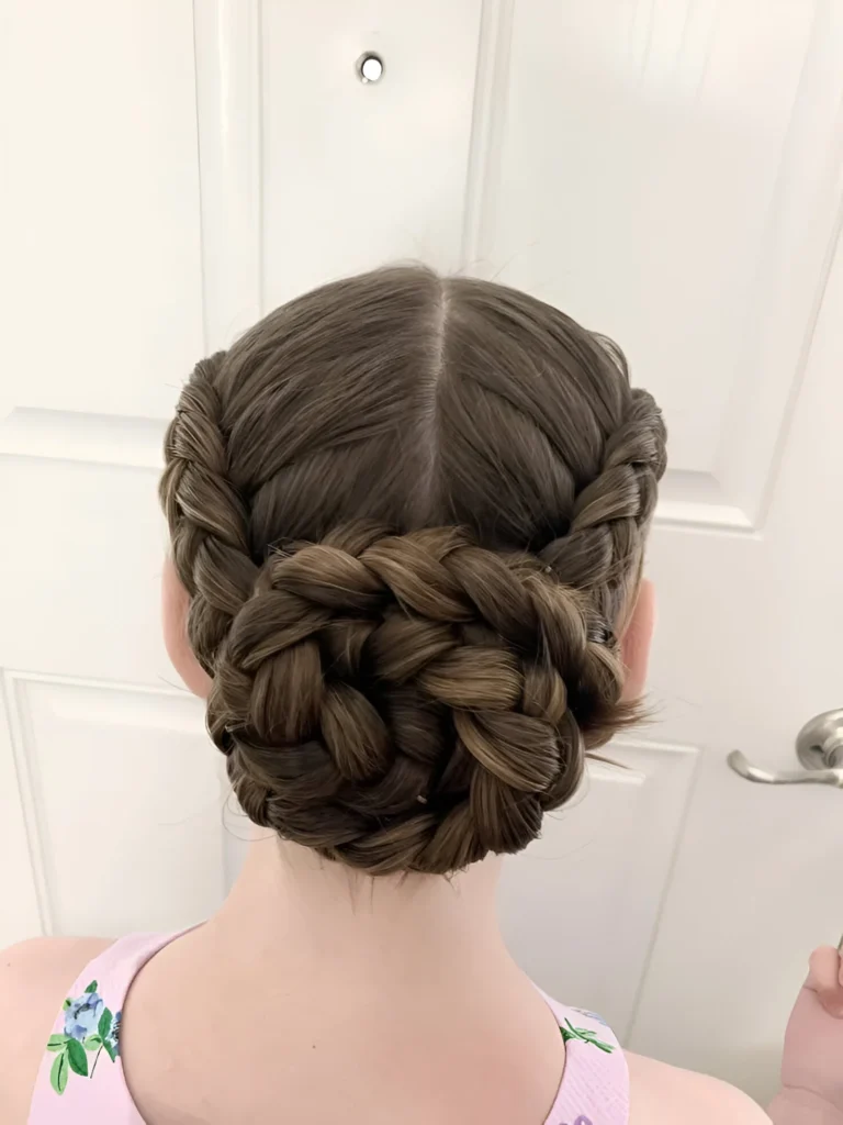 Upcycled Christmas hairstyle crown braid with bun