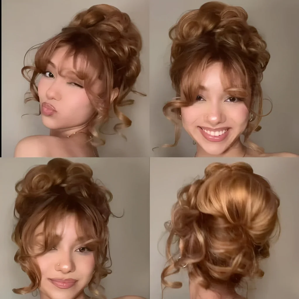 Upcycled Christmas hairstyle high bun curly bangs