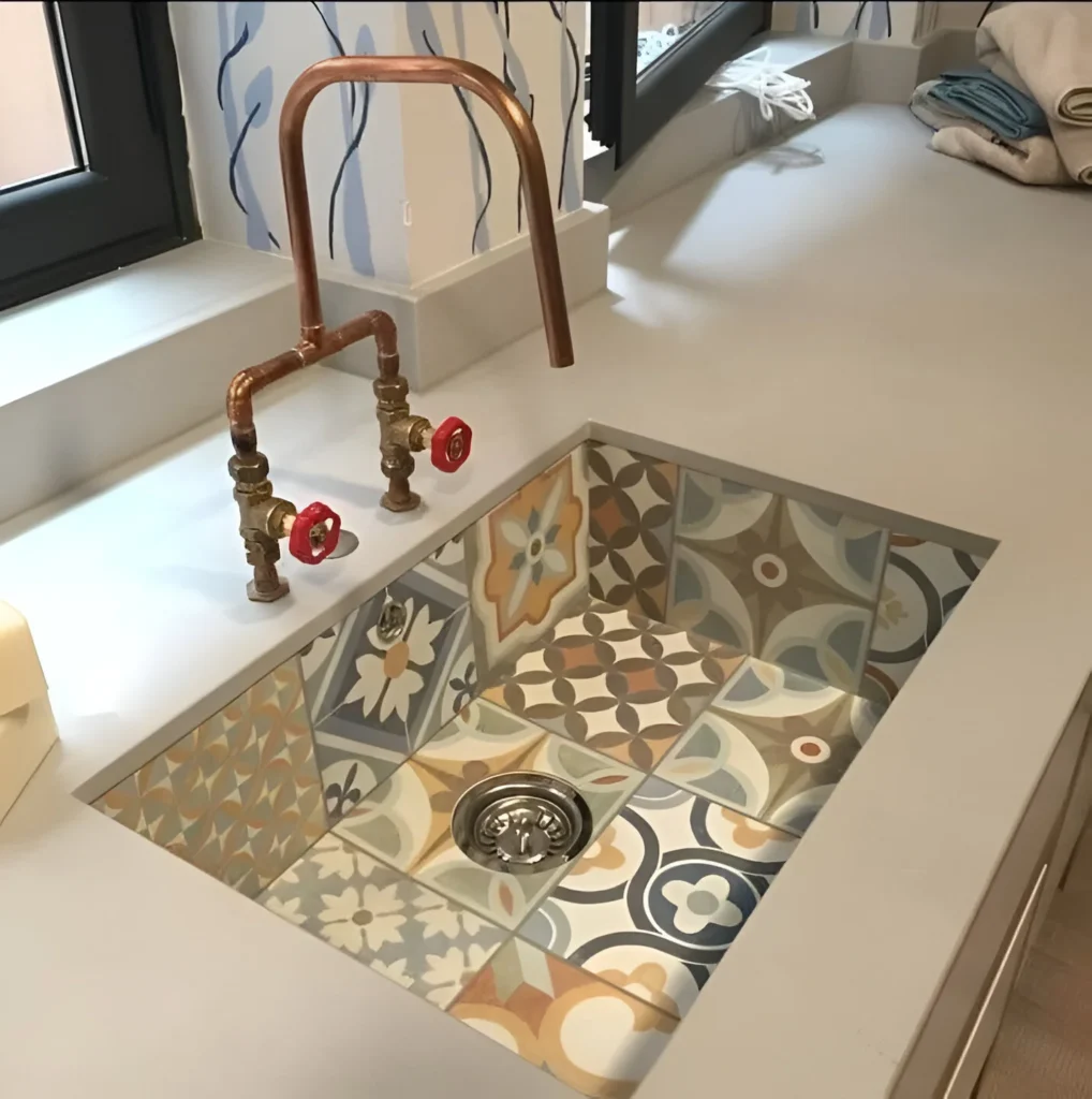 Kitchen sink with a patchwork tile inlay inside the basin, paired with a copper faucet.