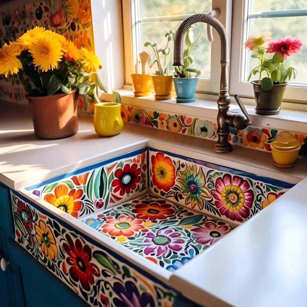 Kitchen sink with vibrant, hand-painted Talavera tile design, showcasing colorful floral patterns.