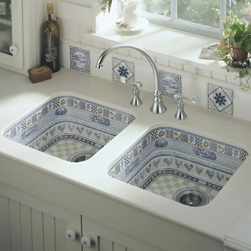 Double bowl kitchen sink with patterned interiors in each basin, featuring a vintage-inspired design.