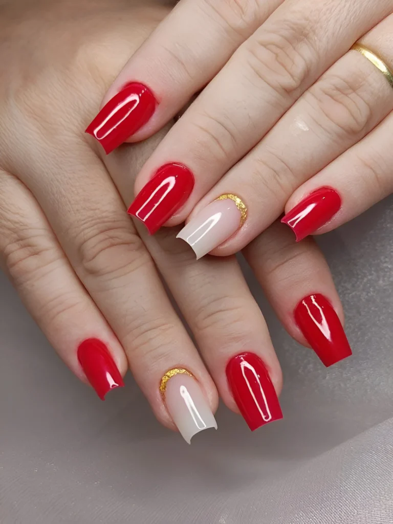 Classic red nails with nude and gold accents for an elegant manicure.