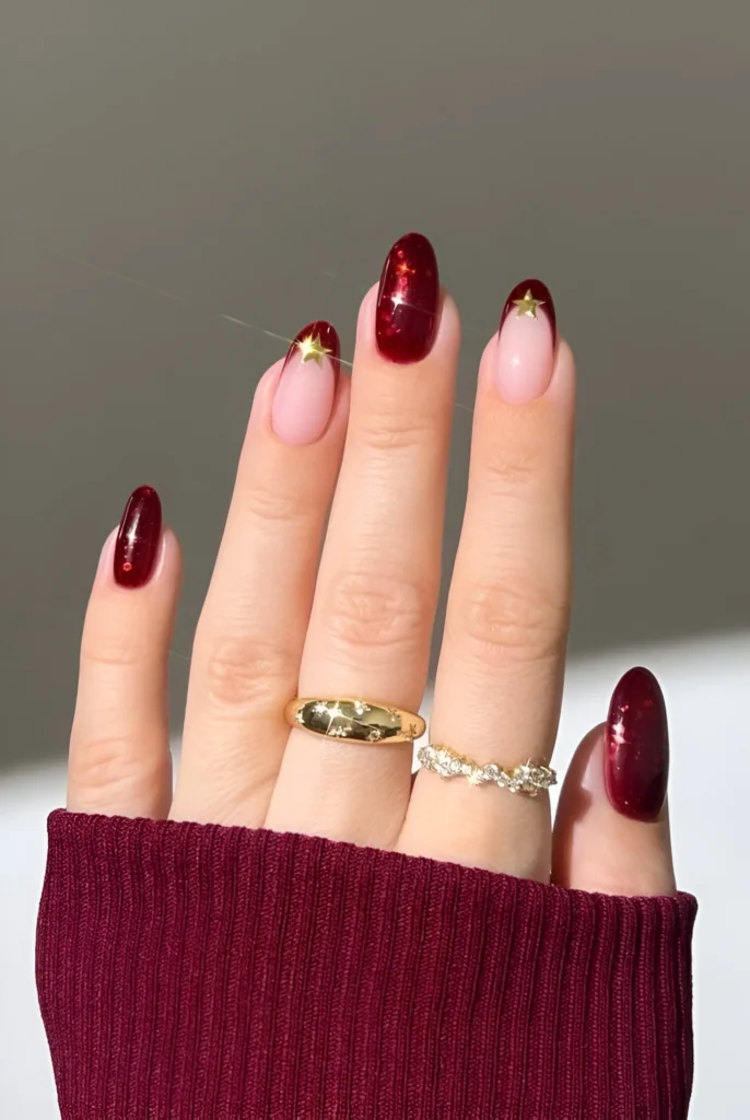 Burgundy and nude nails with gold star accents for a celestial-inspired manicure.