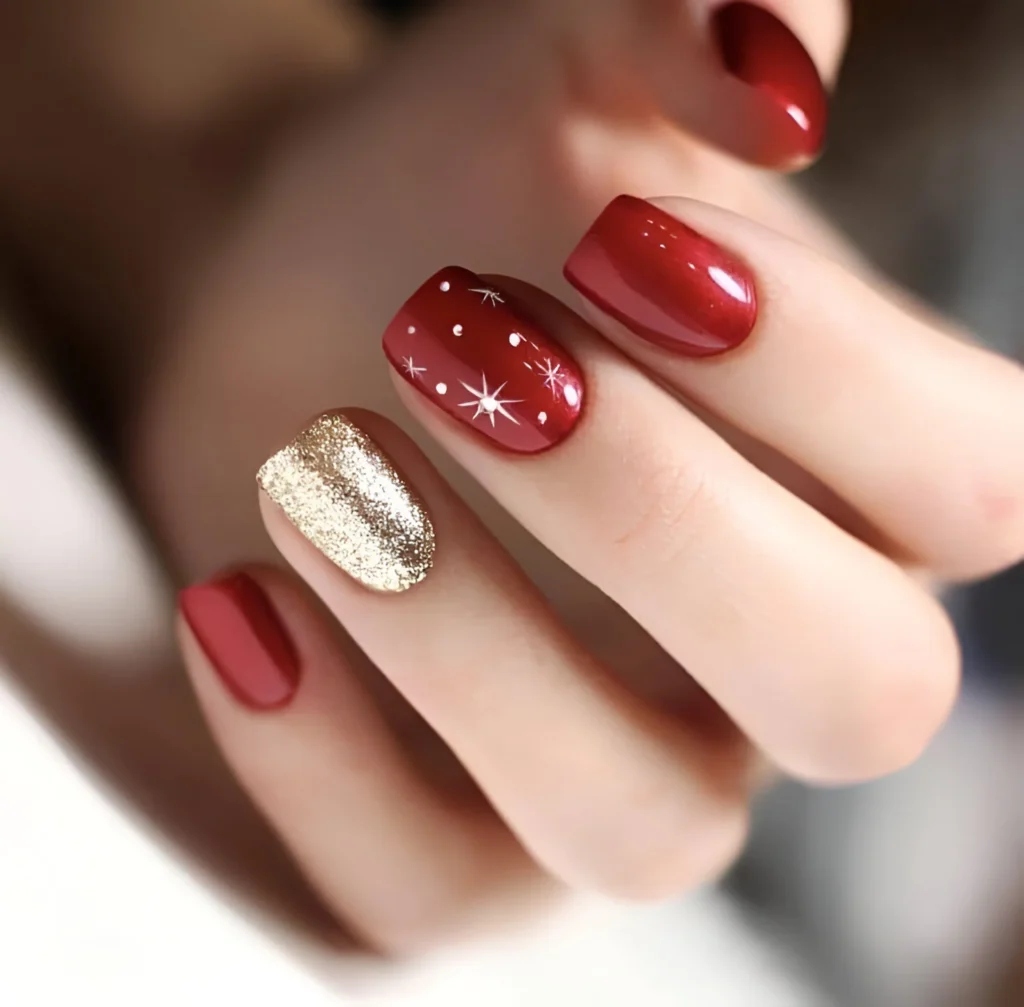 Glossy red nails with white stars and gold glitter for a festive look.