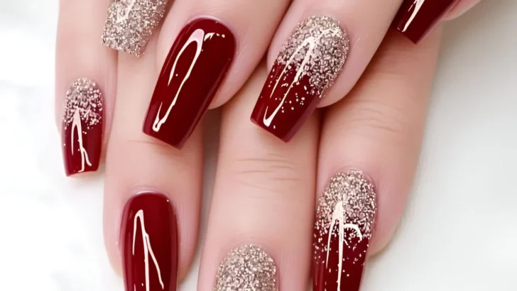 Garnet red nail designs with gold glitter ombre.