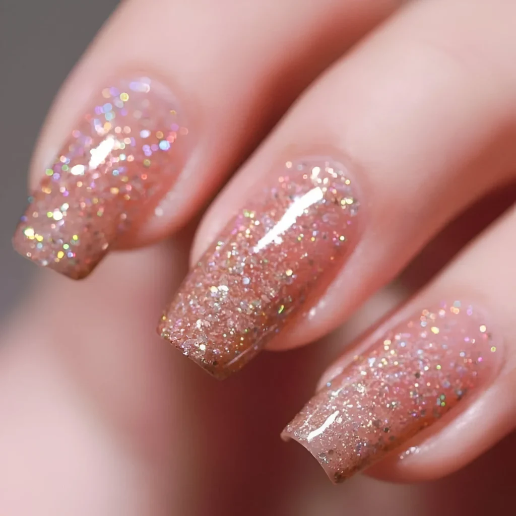 Rose gold holographic glitter nails over a sheer pink base.